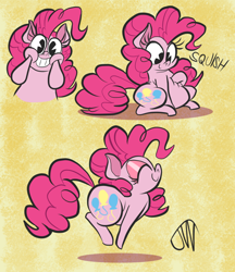 Size: 1022x1185 | Tagged: safe, artist:joeywaggoner, character:pinkie pie, species:earth pony, species:pony, abstract background, adorafatty, chubbie pie, chubby, chubby cheeks, cute, diapinkes, eyes closed, fat, female, grin, hoof on chest, looking at you, mare, pacman eyes, profile, pronking, pudgy pie, signature, sitting, smiling, solo, squishy