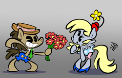 Size: 3049x1960 | Tagged: safe, artist:joeywaggoner, character:derpy hooves, character:doctor whooves, character:time turner, species:earth pony, species:pegasus, species:pony, ship:doctorderpy, bipedal, bloomers, bouquet, clothing, female, flower, gradient background, hat, high heels, high res, male, old timey, pacman eyes, semi-anthro, shipping, shoes, shorts, signature, skirt, smiling, straight, style emulation
