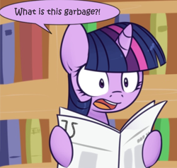 Size: 698x665 | Tagged: safe, artist:solar-slash, edit, character:twilight sparkle, species:pony, book, dialogue, female, mare, newspaper, reaction image, solo