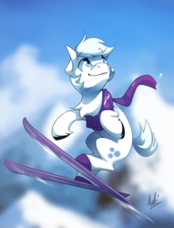 Size: 1092x1427 | Tagged: safe, artist:anticular, character:double diamond, species:earth pony, species:pony, chest fluff, clothing, looking back, male, scarf, skiing, skis, smiling, snow, solo, stallion, unshorn fetlocks, winter