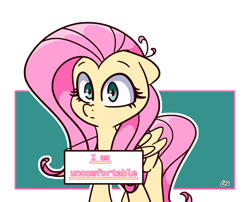 Size: 1500x1210 | Tagged: safe, alternate version, artist:lou, character:fluttershy, species:pegasus, species:pony, cute, female, floppy ears, looking at you, mare, shyabetes, sign, solo, uncomfortable