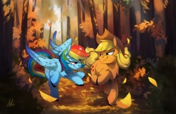 Size: 4096x2650 | Tagged: safe, artist:anticular, character:applejack, character:rainbow dash, species:earth pony, species:pegasus, species:pony, ship:appledash, autumn, chest fluff, duo, female, forest, high res, leaves, lesbian, looking at each other, mare, scenery, shipping, smiling, unshorn fetlocks