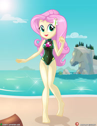 Size: 1500x1942 | Tagged: safe, alternate version, artist:dieart77, character:fluttershy, my little pony:equestria girls, beach, bikini, clothing, cute, female, one-piece swimsuit, shyabetes, solo, swimsuit