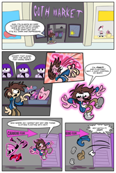 Size: 2240x3360 | Tagged: safe, artist:joeywaggoner, character:pinkie pie, oc, species:human, bin, bow, changing room, character to character, clothing, comic, commission, dialogue, doll, dress, goth, gothic pinkie, hair bow, hairband, hairclip, hands in pockets, hat, high heels, high res, hoodie, human oc, levitation, looking at self, magic, male, male to female, onomatopoeia, open mouth, pacman eyes, pants, pinkie mask, pinkie pie's boutique, pointing, rule 63, shelf, shirt, shoes, smiling, speech bubble, store, sunglasses, surprised, telekinesis, the mask, toy, transformation, transgender transformation, undressing