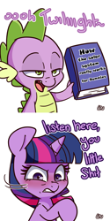 Size: 1000x2000 | Tagged: safe, artist:lou, character:spike, character:twilight sparkle, species:dragon, species:pony, species:unicorn, 2 panel comic, angry, book, comic, dialogue, for dummies, listen here, listen here you little, listen here you little shit, science, smug, vulgar