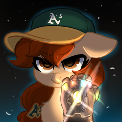 Size: 677x677 | Tagged: safe, artist:oofycolorful, oc, oc only, oc:vanilla creame, baseball cap, cap, clothing, fist, glow, hat, infinity gauntlet, infinity stones, oakland athletics, simple background, space, space background