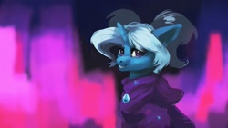 Size: 1920x1080 | Tagged: safe, artist:hierozaki, character:trixie, species:pony, species:unicorn, alternate hairstyle, babysitter trixie, clothing, female, hoodie, pigtails, solo