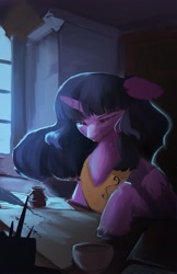 Size: 1870x2880 | Tagged: safe, artist:hierozaki, character:twilight sparkle, character:twilight sparkle (alicorn), species:alicorn, species:pony, desk, female, floppy ears, inkwell, mare, peytral, solo