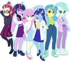 Size: 5951x5212 | Tagged: safe, artist:limedazzle, character:lemon hearts, character:lyra heartstrings, character:minuette, character:moondancer, character:twilight sparkle, character:twilight sparkle (eqg), character:twinkleshine, species:eqg human, g4, my little pony:equestria girls, canterlot six, clothing, equestria girls-ified, high heels, horn, horned humanization, jacket, lab coat, necktie, pants, purse, shoes, simple background, skirt, sweater, transparent background, wings