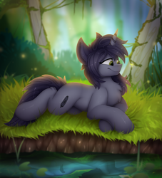 Size: 2000x2200 | Tagged: safe, artist:kianara, oc, oc:kate, species:pony, species:unicorn, beetle, cute, female, forest, grass, insect, light, mare, river, scenery, smiling, solo