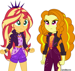 Size: 4789x4500 | Tagged: safe, artist:limedazzle, character:adagio dazzle, character:sunset shimmer, equestria girls:sunset's backstage pass, g4, my little pony: equestria girls, my little pony:equestria girls, spoiler:eqg series (season 2), bracelet, clothes swap, clothing, duo, geode of empathy, inkscape, jacket, jewelry, magical geodes, pants, shorts, simple background, spiked headband, spiked wristband, spikes, transparent background, vector, wristband
