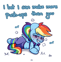 Size: 1514x1534 | Tagged: safe, artist:lou, character:rainbow dash, species:pegasus, species:pony, alternate hairstyle, blushing, buckball fan gear rainbow dash, clothing, dialogue, faec, female, grammar error, jacket, mare, pants, ponytail, simple background, smug, smugdash, solo, sweat, sweatpants, talking to viewer, white background, workout outfit
