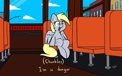 Size: 1734x1079 | Tagged: safe, artist:taurson, character:derpy hooves, species:pegasus, species:pony, newbie artist training grounds, atg 2020, bus, caption, city, female, i'm in danger, meme, parody, ponified meme, ralph wiggum, sitting, smiling, solo, the simpsons
