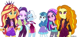 Size: 6161x3000 | Tagged: safe, artist:limedazzle, character:adagio dazzle, character:aria blaze, character:sonata dusk, character:starlight glimmer, character:sunset shimmer, character:trixie, my little pony:equestria girls, absurd resolution, beanie, clothes swap, clothing, counterparts, group, hat, jacket, pants, role reversal, simple background, skirt, the dazzlings, torn clothes, transparent background, trio, twilight's counterparts, vector