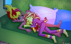 Size: 4096x2531 | Tagged: safe, artist:dieart77, character:sunset satan, character:sunset shimmer, g4, my little pony:equestria girls, barefoot, breast pillow, clothing, couch, demon, duality, duo, duo female, eyes closed, feet, female, pajamas, pillow, sleeping, sunset satan