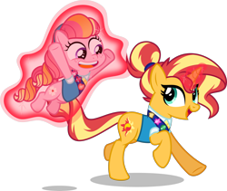 Size: 4000x3369 | Tagged: safe, artist:orin331, character:sunset shimmer, oc, oc:honeycrisp blossom, parent:big macintosh, parent:princess cadance, parents:cadmac, species:earth pony, species:pony, species:unicorn, alternate hairstyle, clothing, duo, female, filly, foal, galloping, girl scout, girl scout uniform, hair bun, levitation, magic, magic aura, mare, offspring, sash, simple background, telekinesis, transparent background, uniform