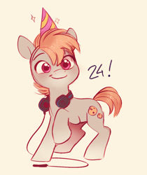 Size: 846x1007 | Tagged: safe, artist:imalou, oc, oc only, oc:cookie malou, species:earth pony, species:pony, birthday, clothing, female, hat, headphones, mare, party hat, simple background, smiling