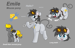 Size: 3676x2396 | Tagged: safe, artist:pencil bolt, oc, oc:emile(mouse pony), oc:pencil bolt, species:pegasus, species:pony, biting, butt, cutie mark, face down ass up, female, goggles, looking at you, male, mouse, mouse pony, plot, reference sheet, size difference, solo, wrench