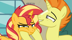 Size: 4000x2250 | Tagged: safe, artist:orin331, edit, edited screencap, screencap, character:sunset shimmer, character:sunspot, species:pony, species:unicorn, absurd resolution, chipmunk cheeks, father and child, father and daughter, female, looking at you, male, siblings, squishy cheeks, sunny siblings