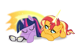 Size: 5300x3388 | Tagged: safe, artist:limedazzle, character:daydream shimmer, character:sunset shimmer, character:twilight sparkle, character:twilight sparkle (scitwi), species:pony, species:unicorn, ship:scitwishimmer, ship:sunsetsparkle, my little pony:equestria girls, absurd resolution, daydream shimmer, equestria girls ponified, female, hug, lesbian, magic, prone, shipping, simple background, sleeping, sunglasses, transparent background, unicorn sci-twi, winghug