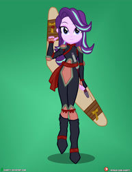 Size: 3090x4000 | Tagged: safe, artist:dieart77, character:starlight glimmer, my little pony:equestria girls, anime, boomerang, clothing, commission, cosplay, costume, green background, inuyasha, kelly sheridan, sango, simple background, voice actor joke, weapon