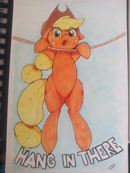 Size: 3072x4096 | Tagged: safe, artist:taurson, character:applejack, species:earth pony, species:pony, newbie artist training grounds, atg 2020, clothing, cowboy hat, cute, female, hang in there, hanging, hat, jackabetes, mare, marker drawing, rope, solo, traditional art