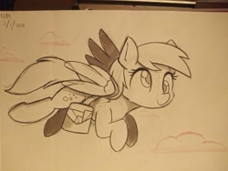 Size: 817x613 | Tagged: safe, artist:taurson, character:derpy hooves, species:pegasus, species:pony, bag, cloud, cute, derpabetes, female, flying, mare, marker drawing, monochrome, saddle bag, solo, traditional art