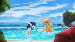 Size: 1920x1080 | Tagged: safe, artist:hierozaki, character:applejack, oc, oc:constance everheart, species:pony, beach, canon x oc, everjack, female, lidded eyes, looking at each other, male, palm tree, playing, shipping, splashing, straight, tree, umbrella