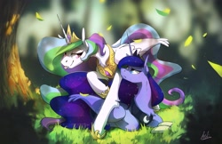 Size: 4096x2650 | Tagged: safe, artist:anticular, character:princess celestia, character:princess luna, species:alicorn, species:pony, annoyed, blep, book, chest fluff, cute, duo, eye contact, female, fluffy, forest, frown, glare, grass, high res, leaves, leg fluff, lidded eyes, looking at each other, mare, nature, ponyloaf, prone, raised hoof, royal sisters, scenery, siblings, sisters, smiling, smirk, tongue out, tree, unamused, wing fluff