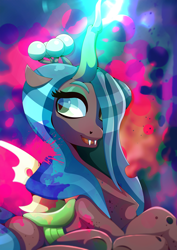 Size: 1358x1920 | Tagged: safe, artist:rariedash, character:queen chrysalis, species:changeling, changeling queen, crown, fangs, female, glowing horn, horn, jewelry, open mouth, regalia, smiling, solo
