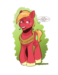 Size: 1299x1692 | Tagged: safe, artist:saturdaymorningproj, character:big mcintosh, species:earth pony, species:pony, dialogue, freckles, male, open mouth, simple background, speech bubble, stallion, transparent background, yoke