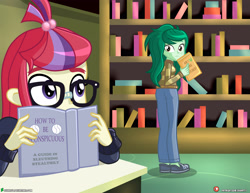 Size: 4000x3090 | Tagged: safe, artist:dieart77, character:moondancer, character:wallflower blush, my little pony:equestria girls, book, bookshelf, clothing, commission, equestria girls-ified, freckles, glasses, library, moonflower (ship), pants, shoes, sweater