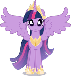 Size: 4197x4500 | Tagged: safe, artist:limedazzle, character:twilight sparkle, character:twilight sparkle (alicorn), species:alicorn, species:pony, episode:the last problem, g4, my little pony: friendship is magic, absurd resolution, alternate design, crown, female, front view, hoof shoes, jewelry, looking at you, mare, necklace, older, older twilight, peytral, princess twilight 2.0, redesign, regalia, simple background, smiling, solo, sparkling, spread wings, standing, tiara, transparent background, vector, wings