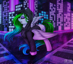 Size: 3000x2625 | Tagged: safe, artist:rinikka, oc, oc only, oc:aurora wing, species:pegasus, species:pony, building, clothing, commission, eyes closed, eyeshadow, female, hoodie, makeup, mare, rain, spread wings, street, wings