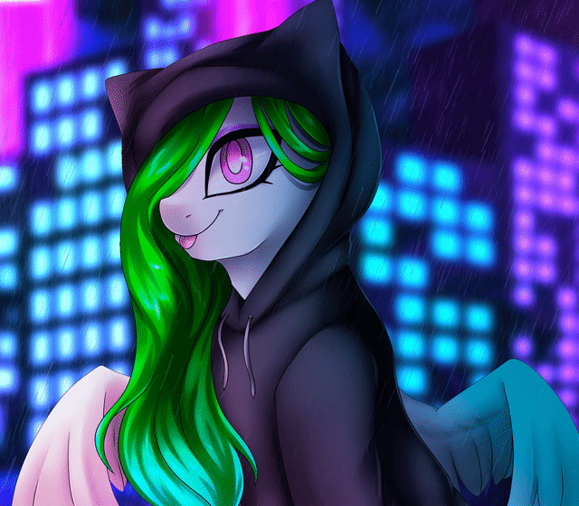 Size: 640x560 | Tagged: safe, artist:rinikka, oc, oc only, oc:aurora wing, species:pegasus, species:pony, animated, blinking, building, clothing, commission, eyeshadow, female, floppy ears, gif, hoodie, makeup, mare, rain, spread wings, wings