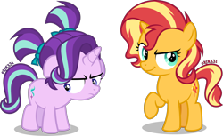 Size: 4000x2440 | Tagged: safe, artist:orin331, character:starlight glimmer, character:sunset shimmer, species:pony, species:unicorn, alternate hairstyle, cute, duo, female, filly, filly starlight glimmer, filly sunset shimmer, glimmerbetes, raised hoof, shimmerbetes, simple background, transparent background, vector, younger