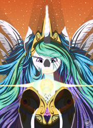 Size: 4000x5500 | Tagged: safe, artist:template93, character:princess celestia, species:alicorn, species:pony, absurd resolution, clothing, crown, gem, glowing horn, horn, jewelry, lens flare, magic, regalia, shoes, space, sparkles, stars, sun, wavy mane