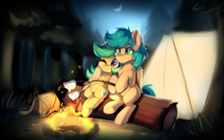 Size: 1720x1080 | Tagged: safe, artist:oofycolorful, oc, oc only, oc:keyla, oc:summer ray, species:pegasus, species:pony, campfire, female, fire, food, forest, hug, male, mare, marshmallow, moon, night, oc x oc, shipping, stallion, straight, tent, winghug