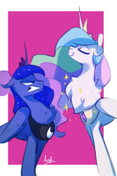 Size: 509x768 | Tagged: safe, artist:anticular, character:princess celestia, character:princess luna, species:alicorn, species:pony, angry, asserting dominance, chest fluff, chest fluff envy, crown, duo, eyes closed, female, fluffy, jewelry, mare, profile, regalia, royal sisters, sibling rivalry, siblings, sisters, smiling, smuglestia