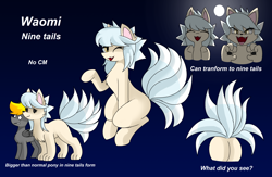 Size: 3676x2396 | Tagged: safe, artist:pencil bolt, oc, oc only, oc:pencil bolt, oc:waomi, species:fox, species:pony, butt, comparison, crossover, female, male, moon, nine tailed fox, ninetales, pagasus, paws, plot, pokémon, reference sheet, solo, wings