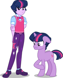 Size: 3233x4000 | Tagged: safe, artist:orin331, character:twilight sparkle, character:twilight sparkle (scitwi), oc:dusk shine, species:eqg human, species:pony, species:unicorn, my little pony:equestria girls, :t, arm behind back, bow tie, clothing, cutie mark, cutie mark on clothes, equestria girls ponified, equestria guys, floppy ears, geode of telekinesis, high res, human ponidox, magical geodes, male, missing accessory, no glasses, pants, ponidox, raised hoof, rule 63, sci-dusk, self paradox, self ponidox, shirt, shoes, simple background, stallion, sweater vest, transparent background, unicorn sci-dusk, unicorn sci-twi