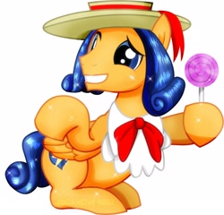 Size: 2445x2350 | Tagged: safe, alternate version, artist:jucamovi1992, character:flash sentry, species:pegasus, species:pony, alternate hairstyle, bow tie, candy, clothing, food, grin, hat, lollipop, male, nervous, nervous grin, simple background, smiling, solo
