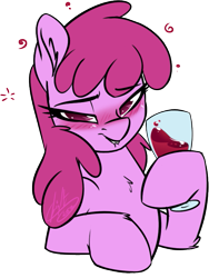 Size: 573x764 | Tagged: safe, artist:light262, character:berry punch, character:berryshine, species:earth pony, species:pony, g4, alcohol, blushing, bust, chest fluff, drunk, ear fluff, female, glass, hoof hold, leg fluff, lidded eyes, lip bite, looking at you, mare, no pupils, signature, simple background, smiling, solo, transparent background, wine, wine glass