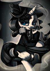 Size: 1200x1700 | Tagged: safe, artist:oofycolorful, character:rarity, species:pony, species:unicorn, cigarette, clothing, commission, detective rarity, female, glass, looking at you, mare, monochrome, neo noir, partial color, shadow spade, sitting, smoking, solo, table, wine glass