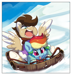 Size: 1590x1652 | Tagged: safe, artist:oofycolorful, character:rainbow dash, oc, oc:skittle, species:pegasus, species:pony, canon x oc, commission, female, male, mare, shipping, skidash, sled, snow, stallion, straight