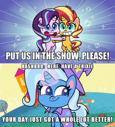Size: 600x662 | Tagged: safe, artist:orin331, edit, edited screencap, screencap, character:starlight glimmer, character:sunset shimmer, character:trixie, episode:friendship gems, g4.5, my little pony: pony life, my little pony:pony life, spoiler:pony life s01e17, bronybait, caption, g4 to g4.5, image macro, text, your day is awesome