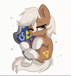 Size: 1072x1144 | Tagged: safe, artist:oofycolorful, species:earth pony, species:pony, commission, commissioner:darnelg, cute, ear fluff, epona, female, hug, mare, one eye closed, pillow, pillow hug, ponified, shield, simple background, sleepy, socks (coat marking), solo, the legend of zelda, underhoof, white background, wink, ych result