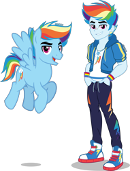 Size: 3056x4000 | Tagged: safe, artist:orin331, character:rainbow dash, species:pegasus, species:pony, g4, my little pony: equestria girls, my little pony:equestria girls, absurd resolution, alternate hairstyle, bandaid, clothing, converse, cute, cutie mark, equestria guys, flying, geode of super speed, handsome, hoodie, human ponidox, jacket, magical geodes, male, open mouth, pants, ponidox, rainbow blitz, rule 63, self paradox, self ponidox, shirt, shoes, simple background, sneakers, stallion, sweatpants, t-shirt, transparent background