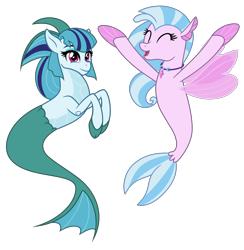 Size: 4303x4405 | Tagged: safe, artist:orin331, artist:pilot231, edit, character:silverstream, character:sonata dusk, species:seapony (g4), species:siren, g4, absurd resolution, cheering, cloven hooves, colored hooves, cute, diastreamies, female, friendshipping, happy, seapony silverstream, simple background, smiling, transparent background, vector, vector edit