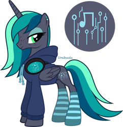 Size: 1280x1322 | Tagged: safe, artist:limedazzle, oc, oc only, oc:sonic wave, species:alicorn, species:pony, g4, alicorn oc, clothing, female, headphones, hoodie, horn, mare, simple background, solo, transparent background, wings